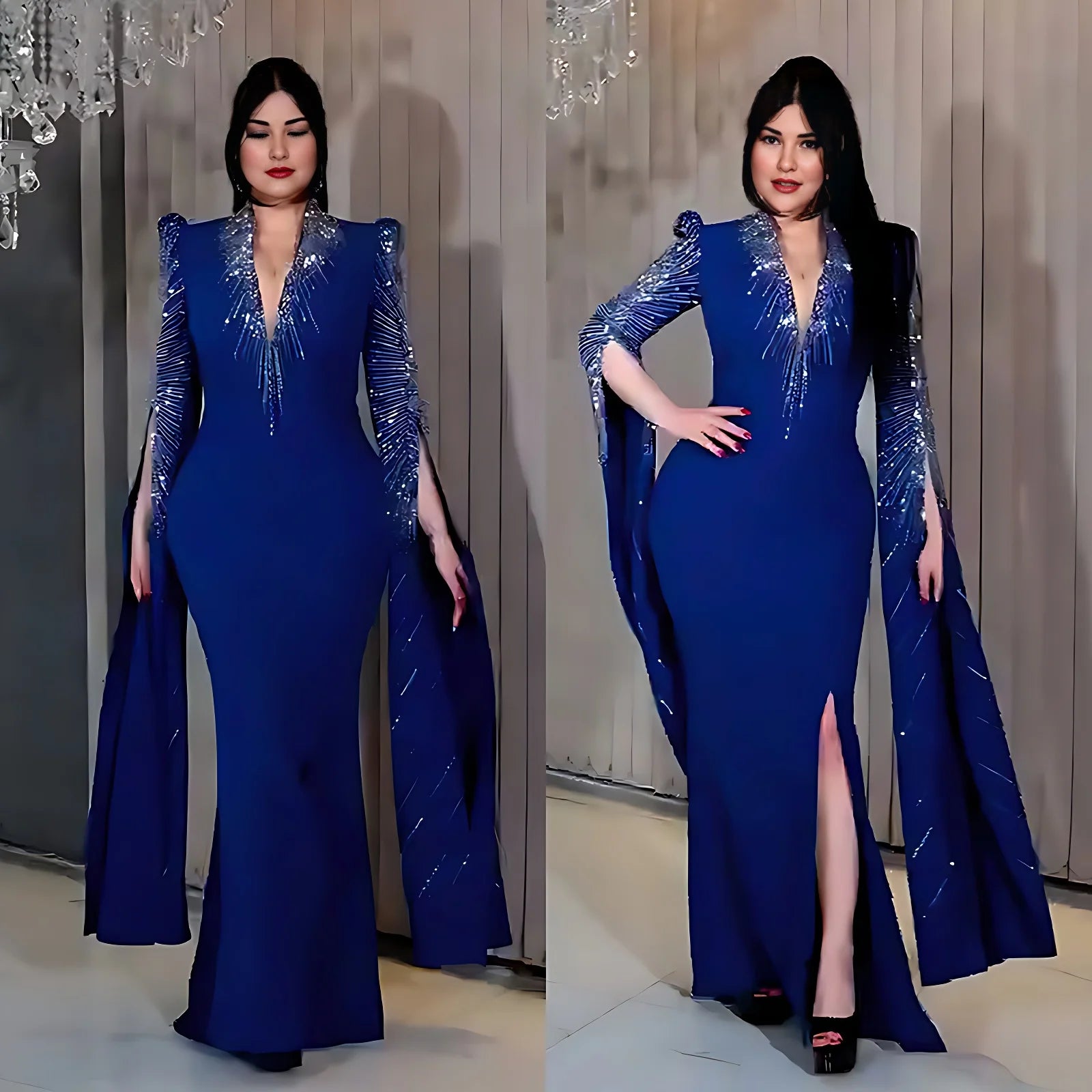 فستان سهرة راقي مطرّز بلمسات فضية – ياقة V عميقة مع شق أمامي أنيق