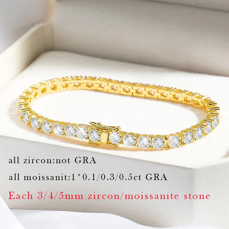 سوار تنس مويسانيت مطلي ذهب 18K  مع شهادة GRA (3/4/5 مم) – للنساء والرجال